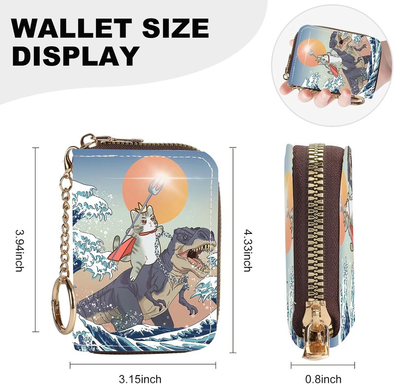 Luoycxy Credit Card Holder for Women,Small Rfid Wallet with Keychain Zipper,Cute PU Leather Card Case Wallet，Accordion Credit Card Wallets Gift,Cats and Dinosaurs - Image 4